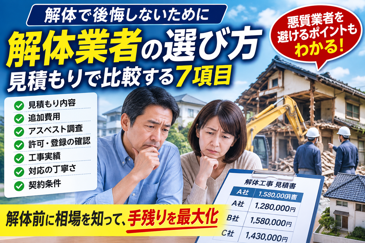 解体業者の見積もり7項目を比較し、追加費用や悪質業者を避ける選び方のイメージ