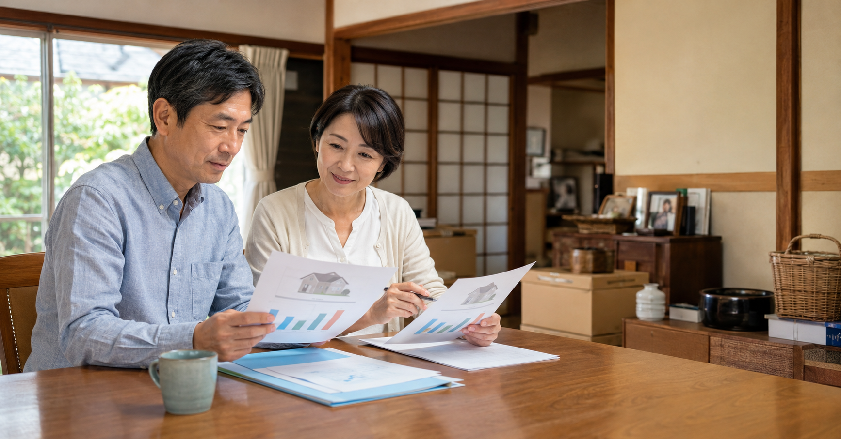 相続した実家・空き家の査定資料を片付け前に比較する日本人の兄妹